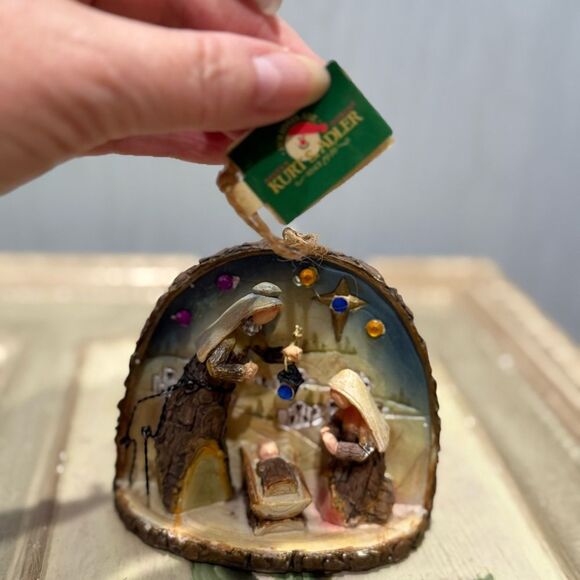 Vintage Kurt Adler Nativity Scene Ornament Faux Wood Bark 3D Tag Attached - Picture 10 of 13
